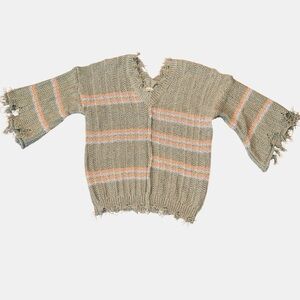 POL Striped Distressed Open Knit Sweater Bell Sleeve Boho Medium EUC